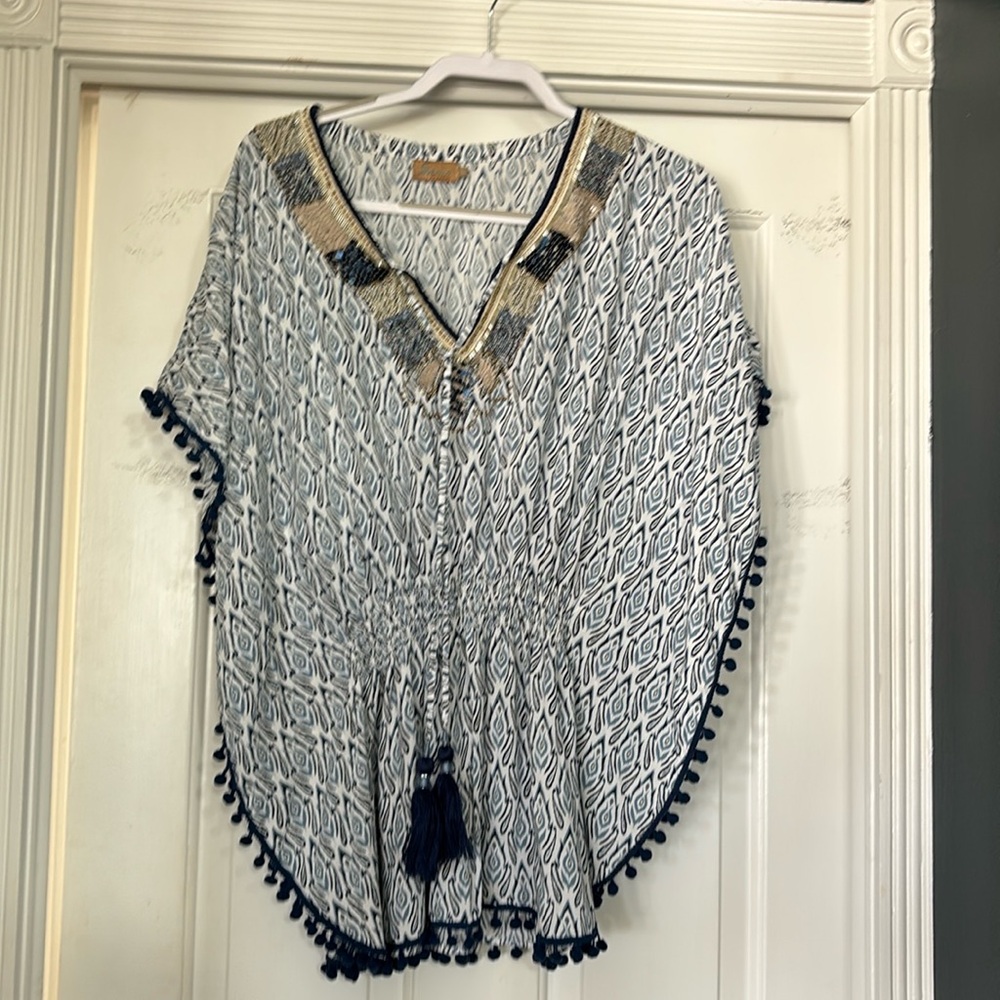 Skemo Bohemian Tassell Tunic Swin Cover Up Top Blue White Size Small